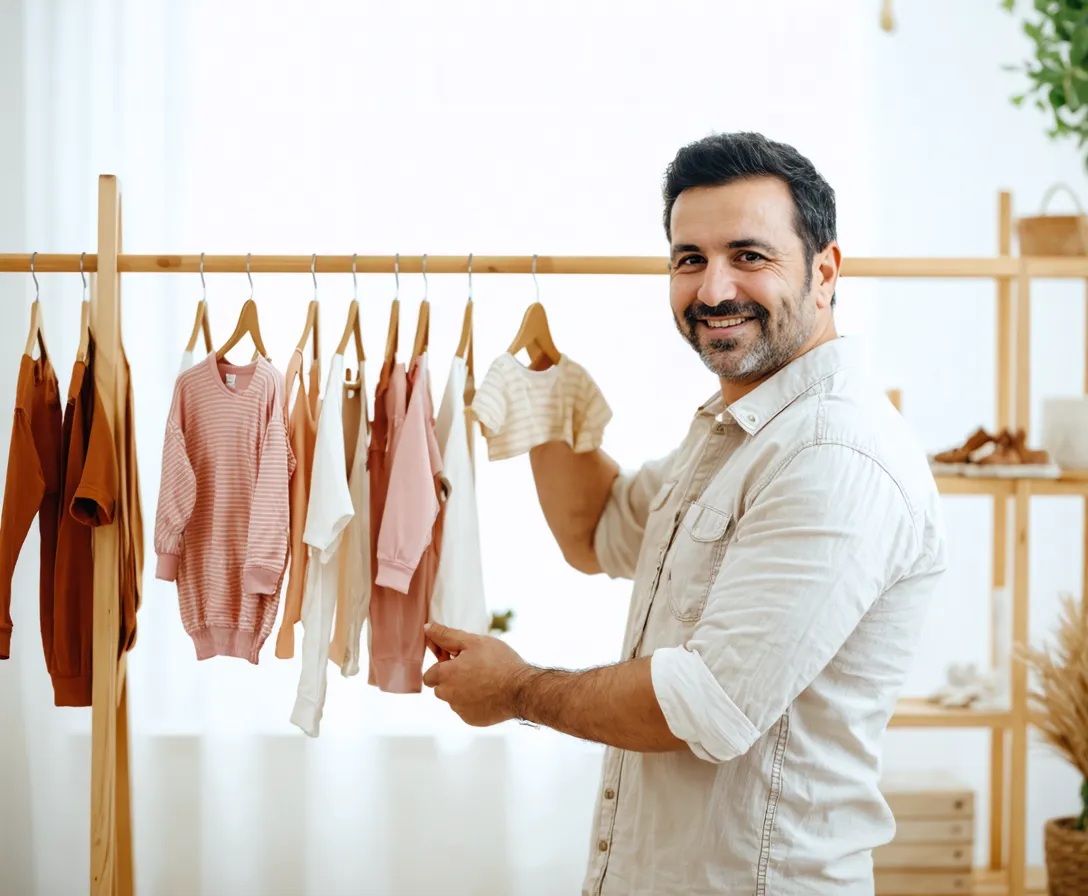 Showroom askılığına yeni sezon kıyafetlerini asan üretici