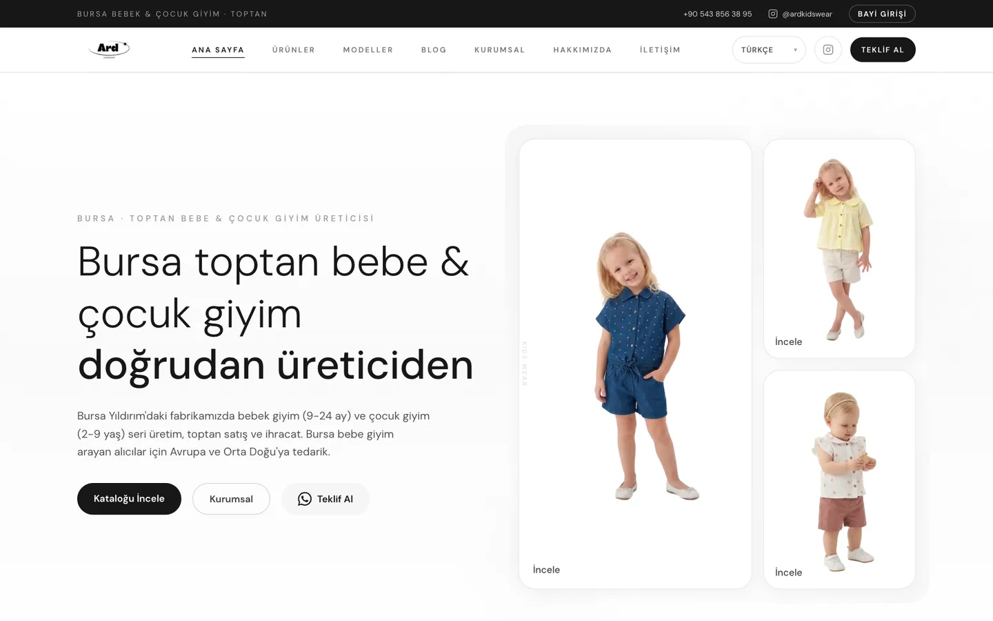 ARD Kids Wear web sitesinin ana sayfası