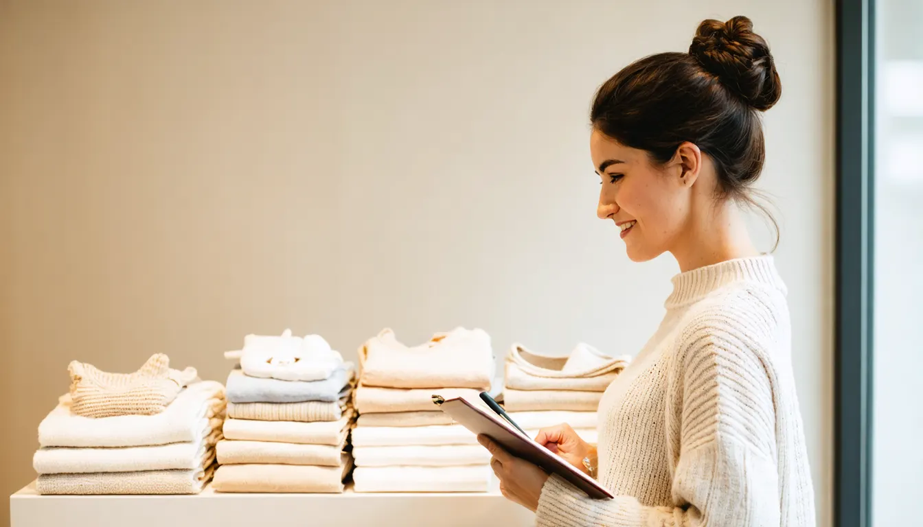 Showroom tezgâhında katlı ürünlere bakıp not alan butik sahibi