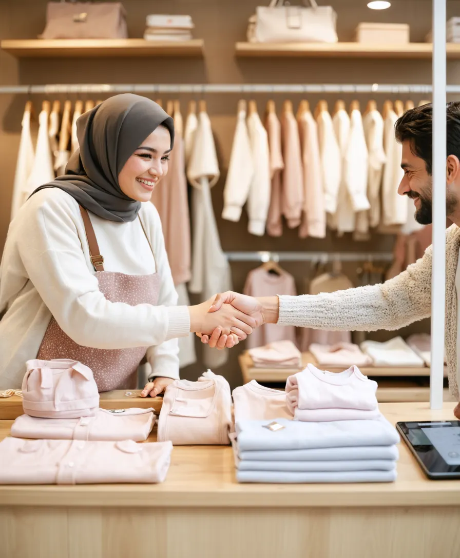 Bebek giyim showroom'unda alıcıyla el sıkışan toptancı
