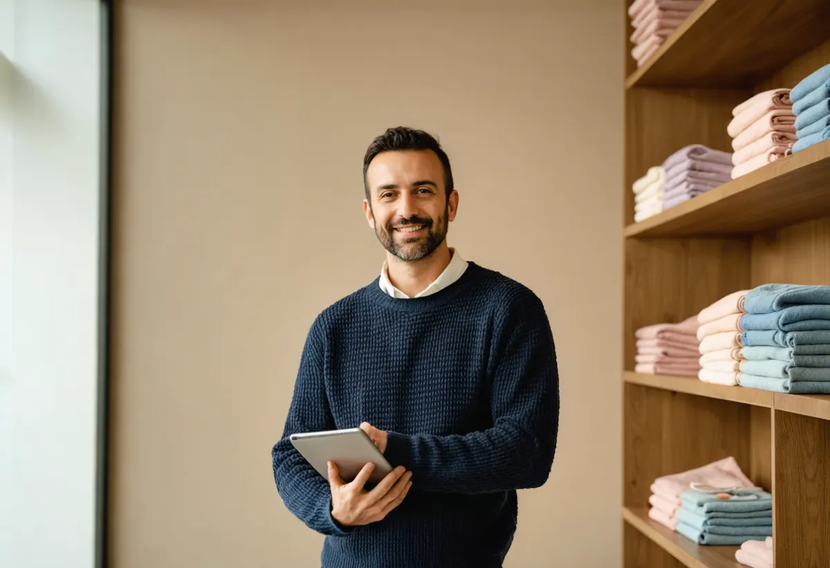 Showroom'da tabletten sipariş listesine bakan toptancı