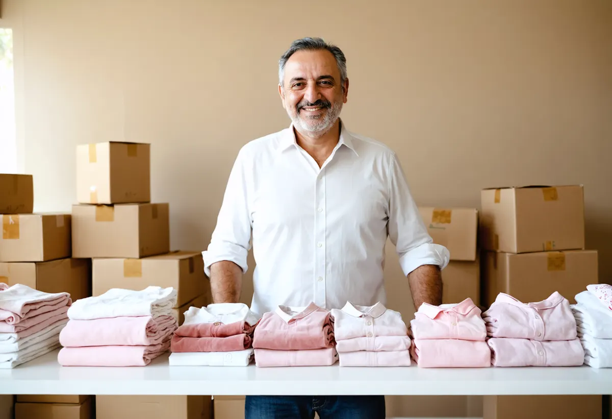 Koliler ve katlı seriler önünde duran üretici